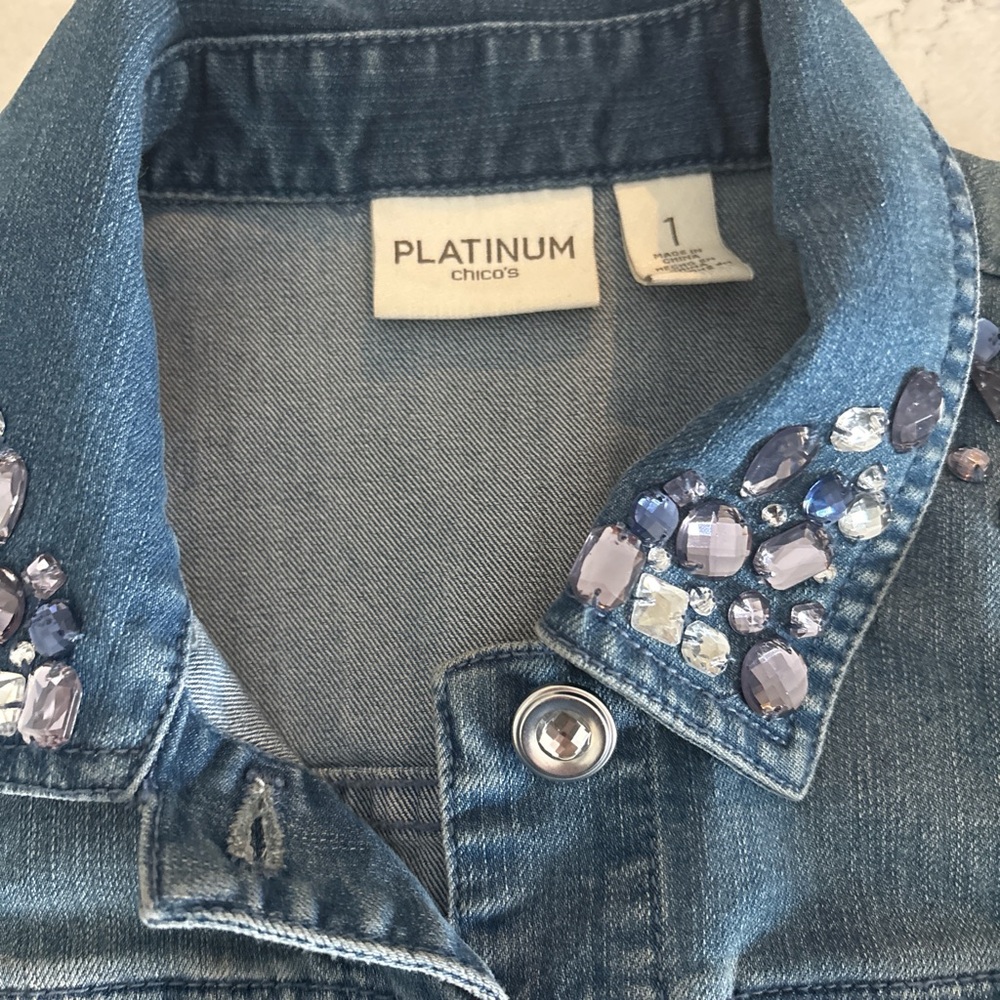Chico’s platinum embellished blue denim vest size 1 =medium - Picture 2 of 5